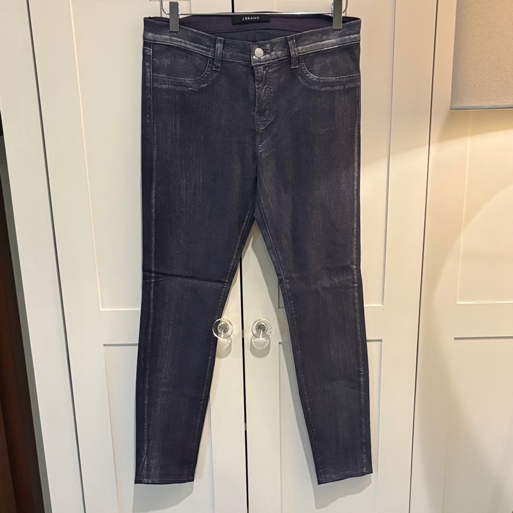 J Brand Deep Indigo Women's Super Skinny coated jeans with slight metallic sheen